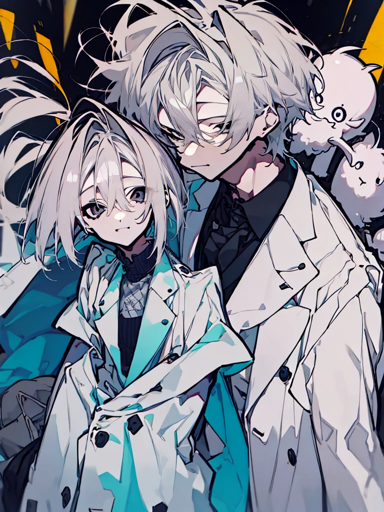 The mad scientist stands confidently with a manic grin, holding a test tube, while the playful and caring girl leans casually against him, smiling with amused affection. They are surrounded by scientific equipment, highlighting their shared hobby of learning. Both character has short and fluffy hair.