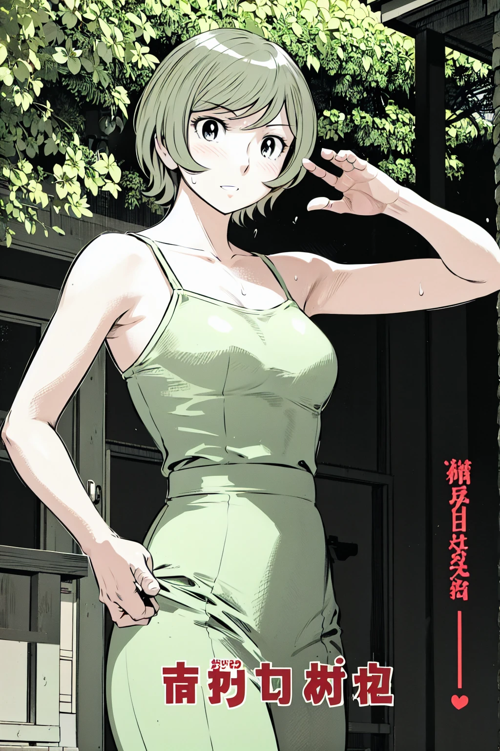 、(masterpiece、Highest quality)、Highest quality, Ultra-high resolution, (((masterpiece))), alone, Sweat、Big eyes, Please show me your armpits, No sleeve、Outdoor、Floral dress、Composition from the front、(Cut the back hair short、short hair、blonde、woman)、Shortcuts、Embarrassed face、Cut your hair short、可愛いwomanの子、Big Breasts