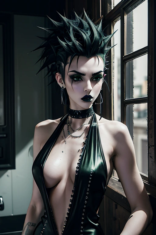 thin and athletic Italian woman in her early twenties, pale skin, goth, cyberpunk theme, black lipstick, makeup, punk hair, tall spiked hair, very tall spiked hair, hair dyed green, deep v dress