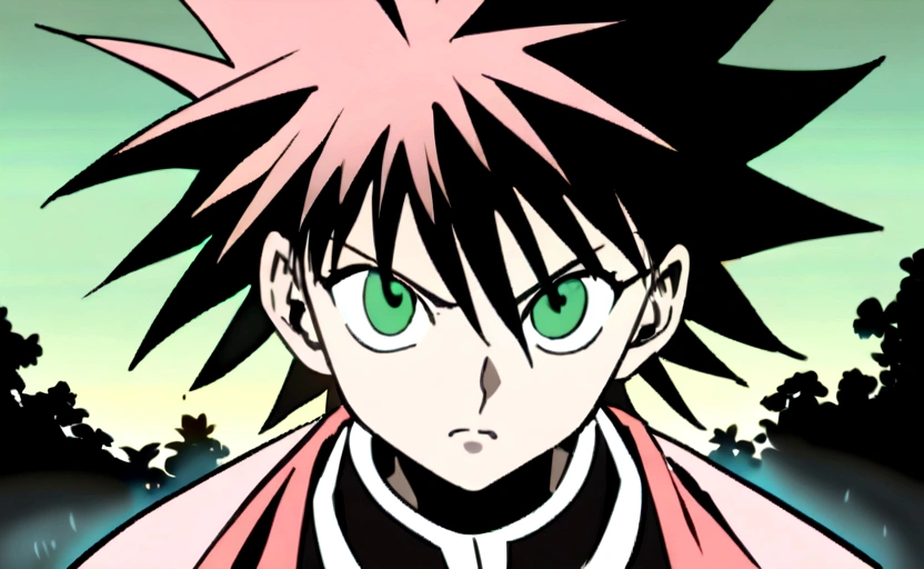 13 year old boy with black messy hair and green eyes wearing pink and black clothes in hunter x hunter manga style