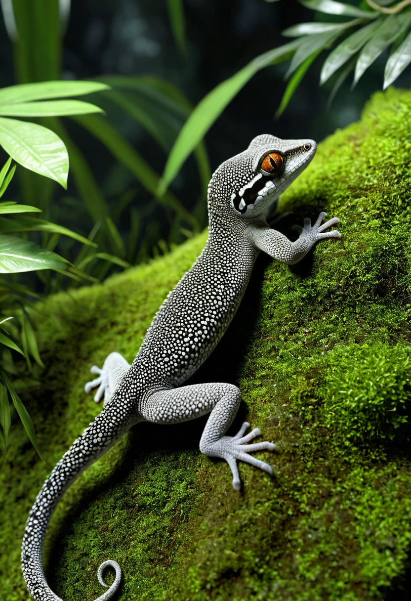 (cinematic lighting, extremely detailed, high detail, hires textures, incredibly detailed, intricate details, masterpiece, photorealism, true masterpiece,  Intricately designed), (jungle, rocks, plants, moss), (silver gecko:1.3, tail, black eyes, spikes)
