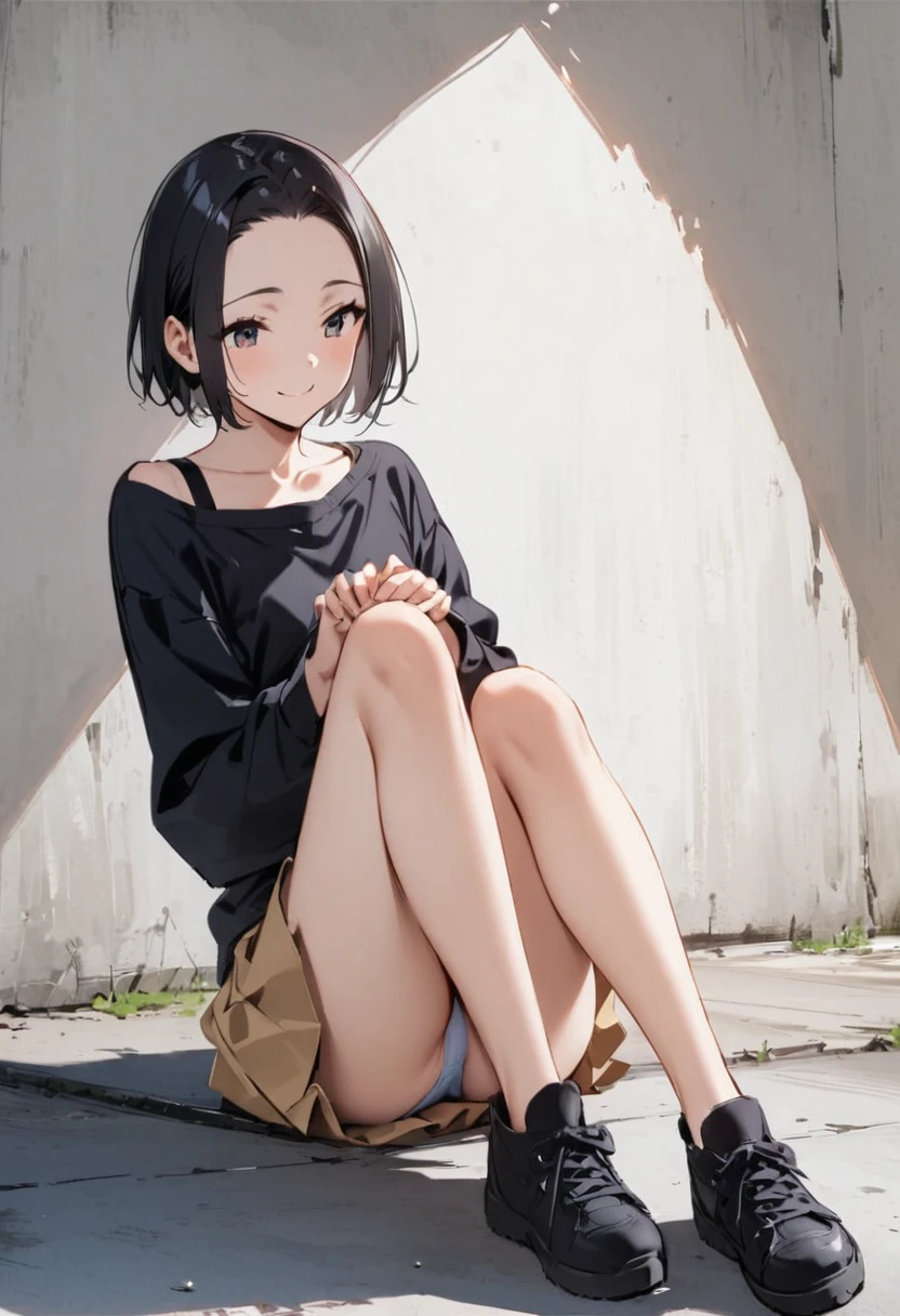 Showing 、Show both hands、hugging own legs、Legs2Book、(looking away:1.4)、Spreour legs、Sit on the ground、In the park、Wear a 6 panel cap、Beige mini skirt、Black shirt with shoulders、Black sneakers、Girl、Girl、Younger、Baby Face、flat chest、forehead、Black Hair、Open both eyes、smile、One person、sunlight