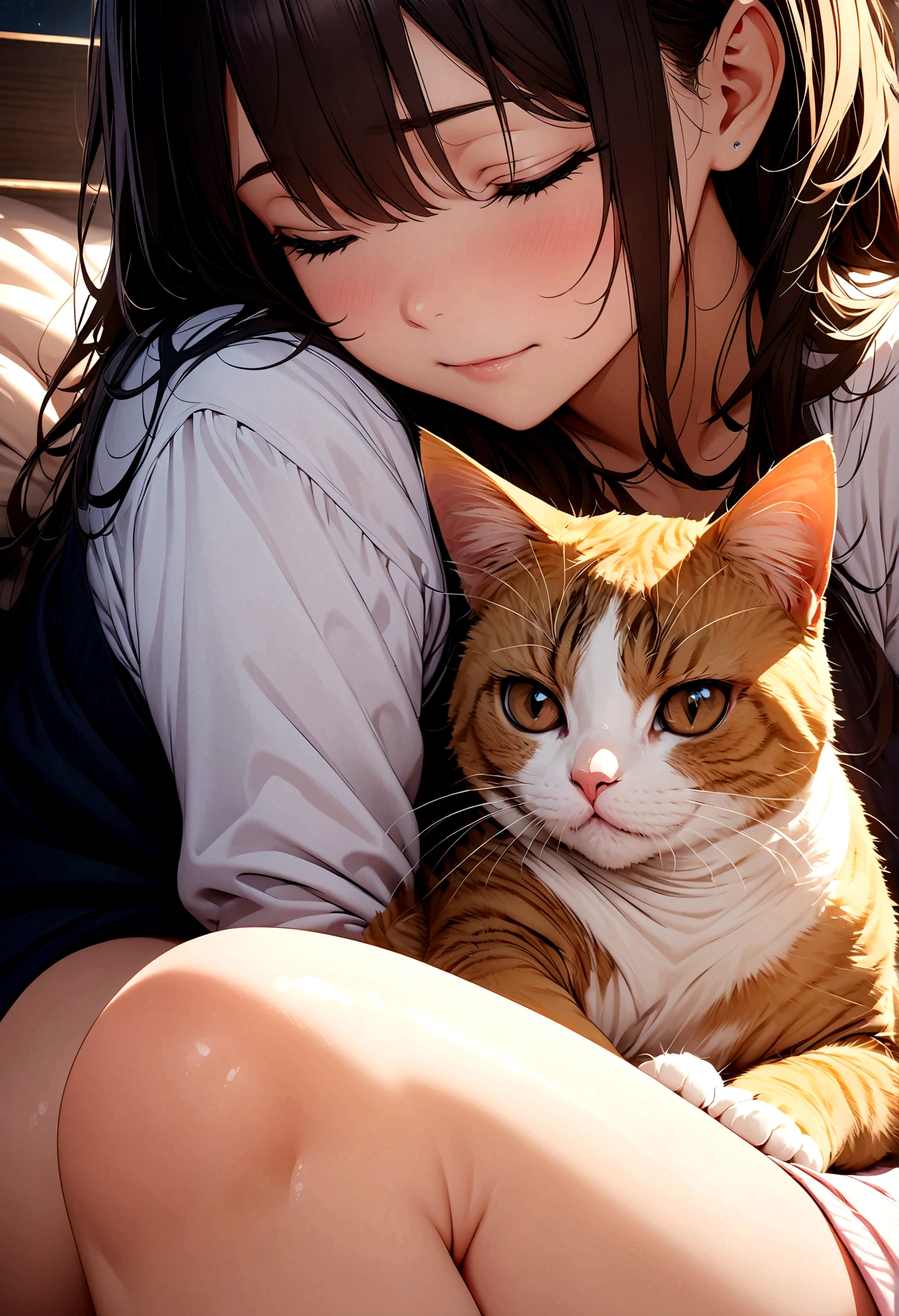 ((Masterpiece, top quality, high resolution)), ((highly detailed CG unified 8K wallpaper)), Close-up photo of a cat, A cat sleeping on a girl's thigh,