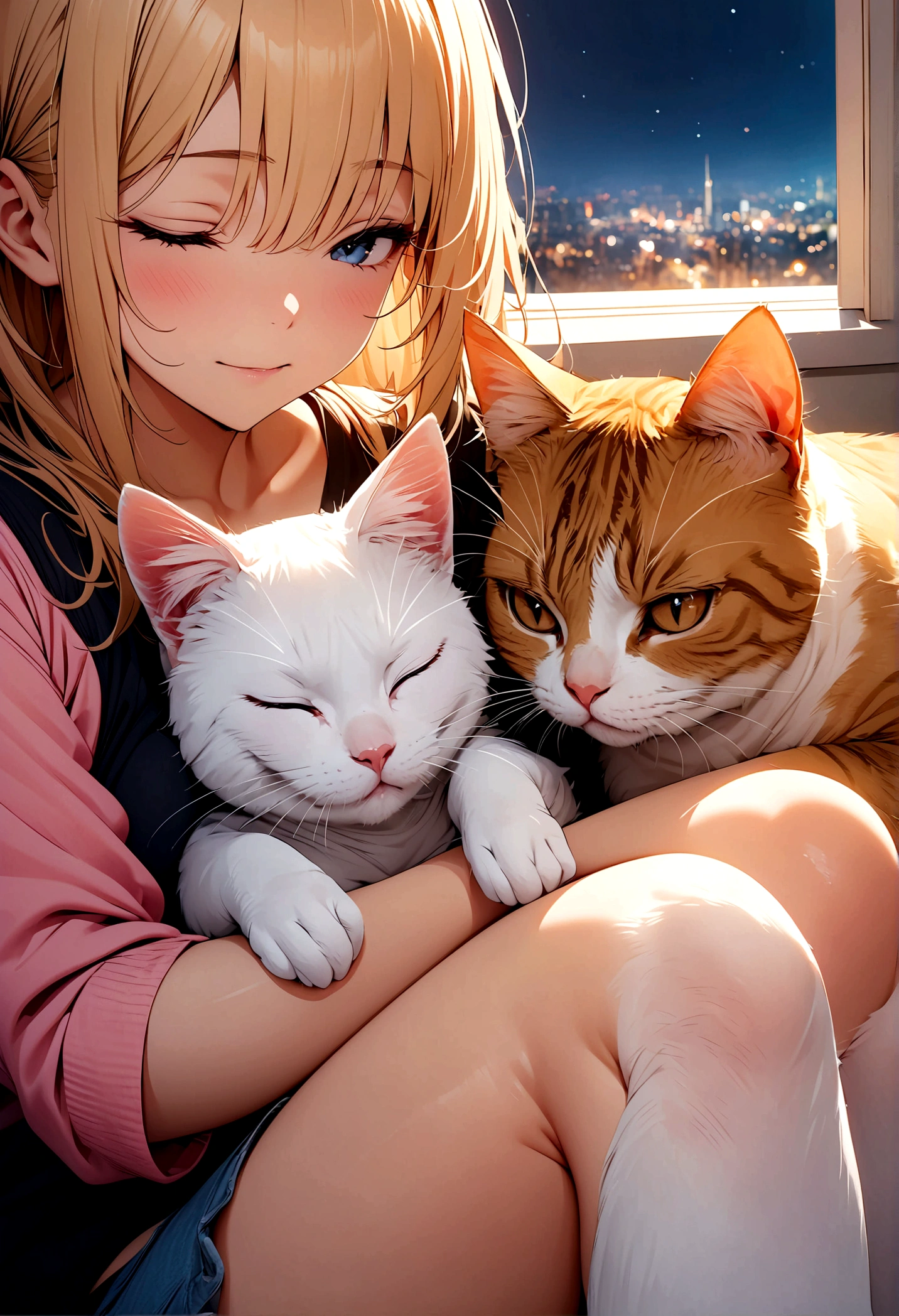 ((Masterpiece, top quality, high resolution)), ((highly detailed CG unified 8K wallpaper)), Close-up photo of a cat, A cat sleeping on a girl's thigh,