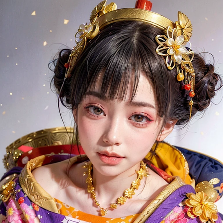 (PUNIPUNI clavicle KIMONO ((offshoulder)) KANZASHI FlowerHairpins Topknot TwinBun Oiran-Hair)High-level, 8K Masterpiece TopQuality, Ultra-detailed CG, Absurd detailed wallpaper, PerfectLighting, Extremely detailed (((Personifying " OIRAN " as a KAWAII Girl))), Characteristic Items, aesthetic LifeLike Rendering, MysticSight, Haze Tyndall Scattering, (Studio GRAY Background with (Oodles Dazzling Iridescent 🌈Particles (BokeH))), (((Assfocus)) RoundlyButt) ThighGap, (Exposed:0.44) 🔞 BREAK (Acutance:0.8), (NOGIZAKA FaceVariations) Extremely Detailed very KAWAII FaceVariations, Childish CaptivatingGaze ElaboratePupils ParfectEyes with (SparklingHighlights:1.28), (Voluminous LongEyelashes:0.88), 💄💋✨ GlossyRedLips with BeautifulDetails, CoquettishTongue, PUNIPUNI RosyCheeks, Radiant PearlSkin with Transparency, Glowing DowneyHair . { (Dynamic LifeLike expressions:1.4) | (:d) }, (large eyes:-1) .