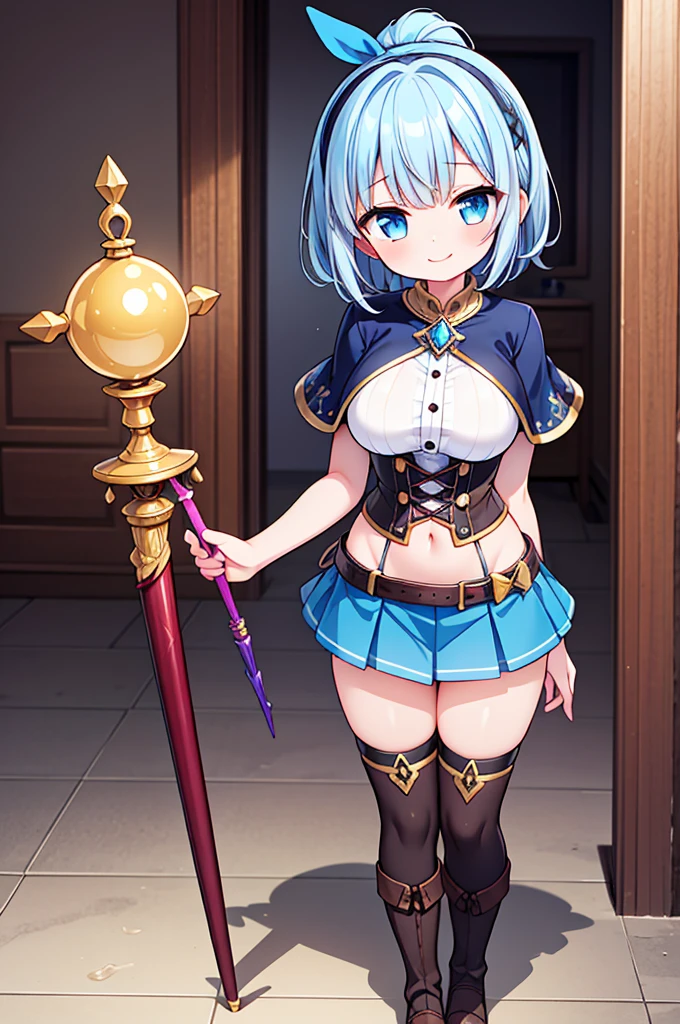 Fantasy,steampunk,((Masterpiece)),((high resolution)),((Best Quality)),Anime illustration,((1girl)),(wavy hair),(short hair),(pale blue hair color),ponytail,headband,Big, round, blue eyes,Droopy eyes,,baby face anasts,(big breasts),Short stature,,wizard,sleeveless white blouse,Blue mini skirt,slit,Brown corset,brown capelet,smile,,Brown long boots,wizard's wand with blue gem,
