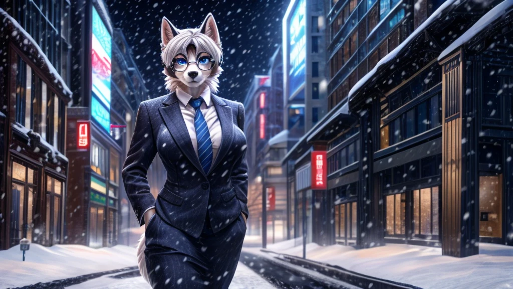 A russian female siberian husky, anthro, blue eyes, silky fluffy soft short white hair, round glasses, business outfit, mature adult, milf, standing, snowing, city, detailed, solo, beautiful, high quality, 4K