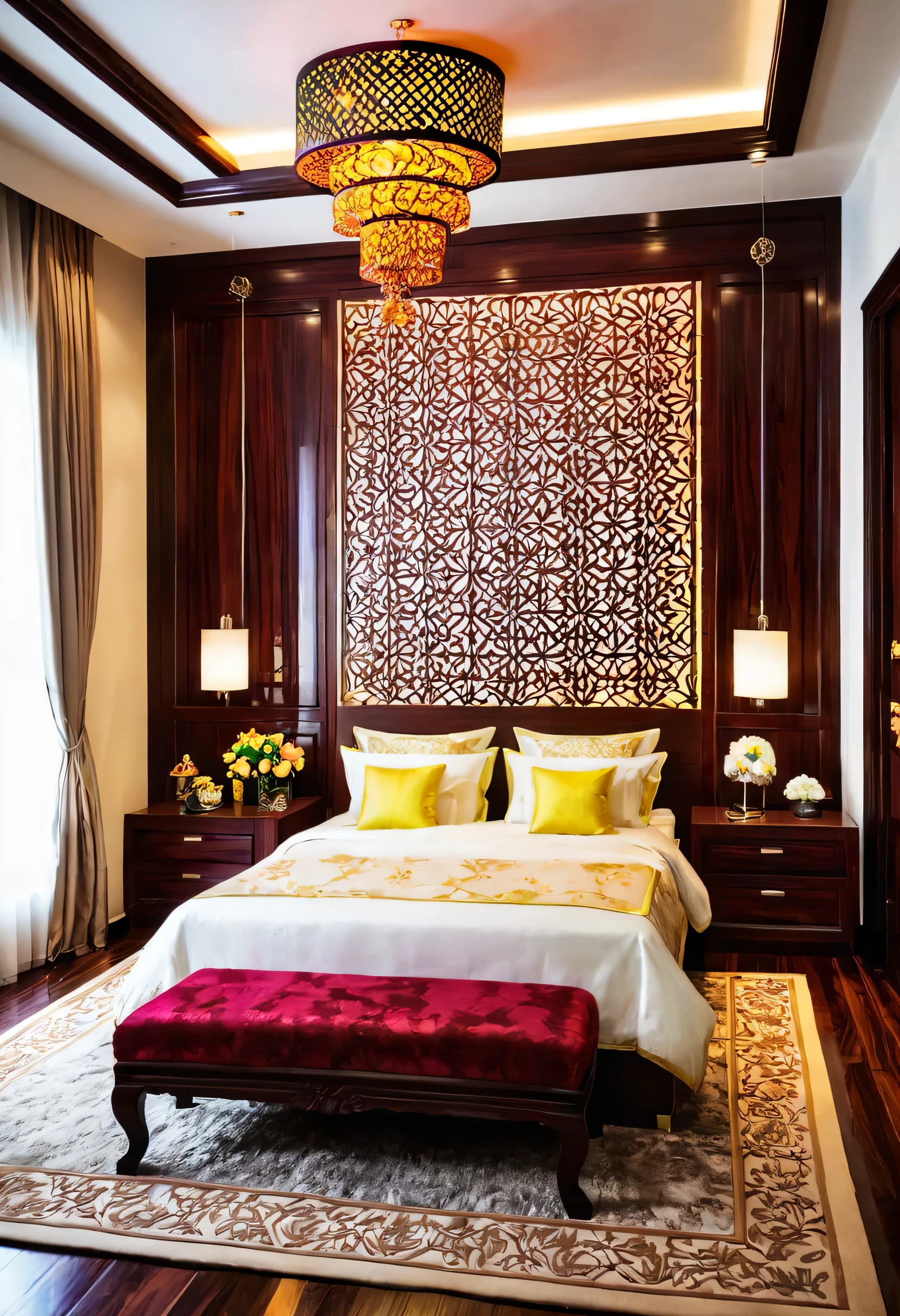 A beautiful bedroom made of rosewood decor design, intricate patterns, colorful lightings,