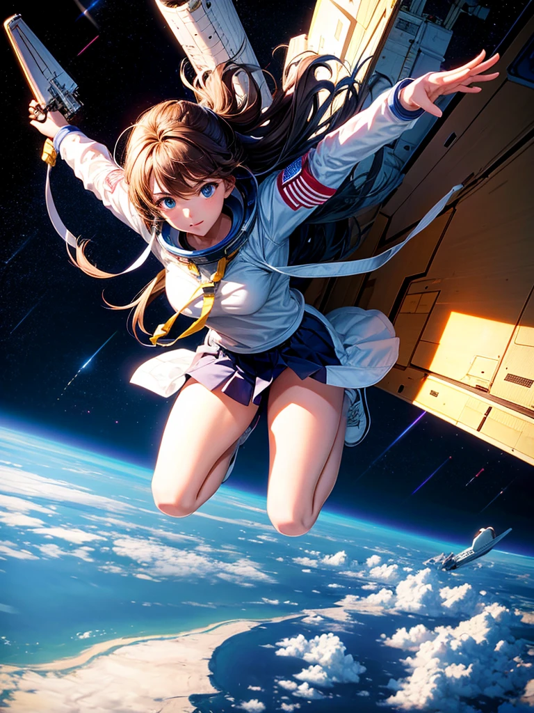 Highest quality,Highest Resolution,High school girl flying in space,Earth in the background,space shuttle,