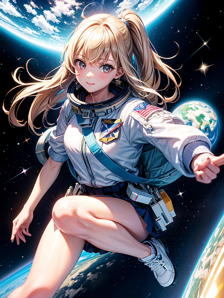 Highest quality,Highest Resolution,High school girl flying in space,Earth in the background,space shuttle,