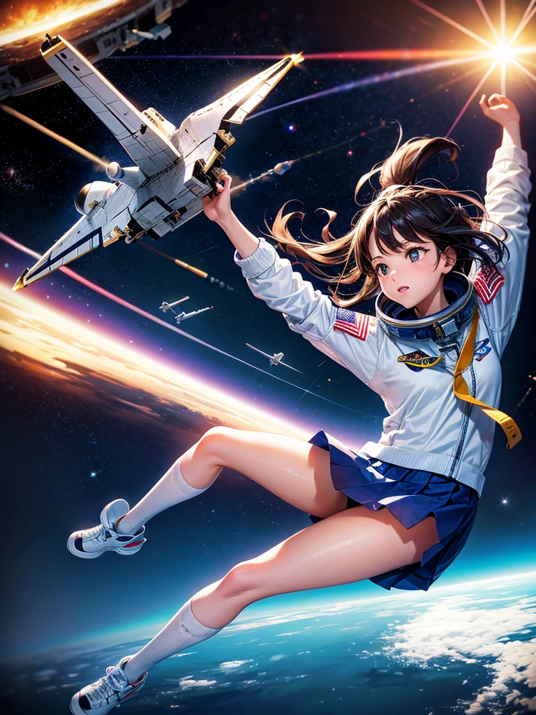 Highest quality,Highest Resolution,High school girl flying in space,Earth in the background,space shuttle,