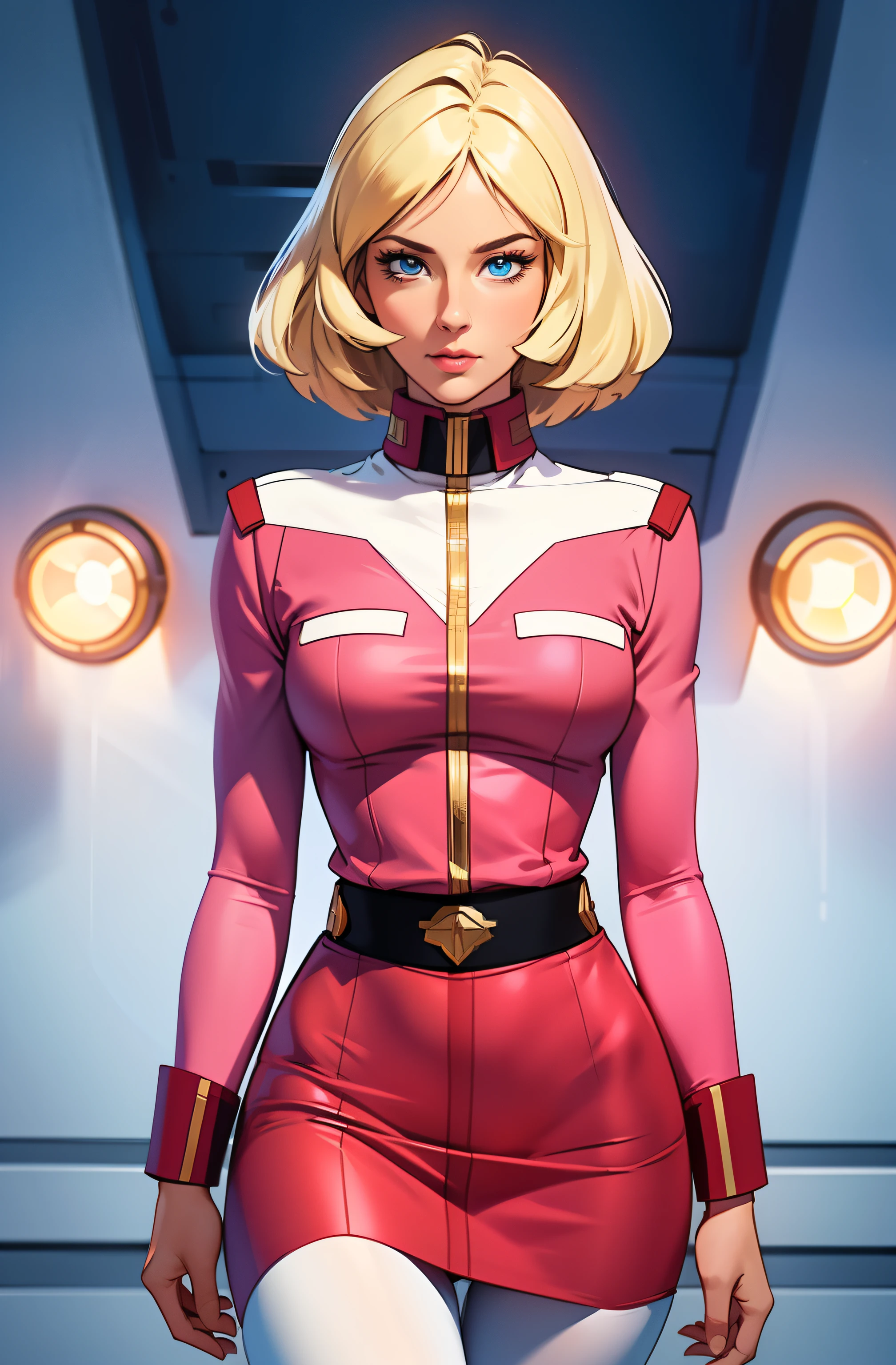 ((masterpiece)), ((cinematic lighting)), realistic photo、Real Images、Top image quality、1girl in, sayla mass, Elegant, masterpiece, Convoluted, slim arms, wide hips, thick thighs, thigh gaps, Best Quality, absurderes, high face detail, Perfect eyes, mature, Cowboy Shot, , Vibrant colors, soft pink uniform, soft pink Skirt, white tights