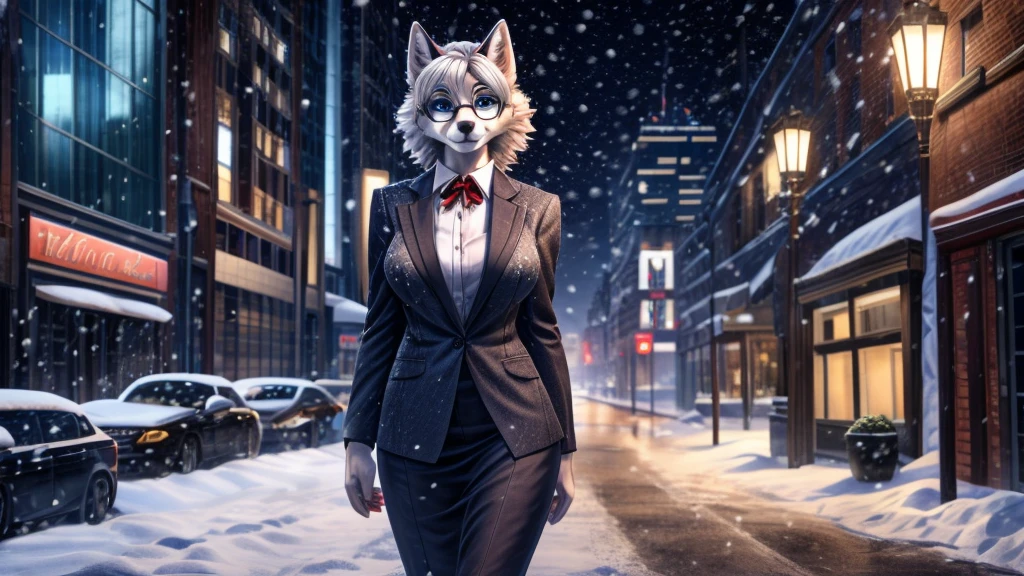 A russian female siberian husky, anthro, blue eyes, silky fluffy soft short white hair, round glasses, business outfit, mature adult, milf, standing, snowing, city, detailed, solo, beautiful, high quality, 4K