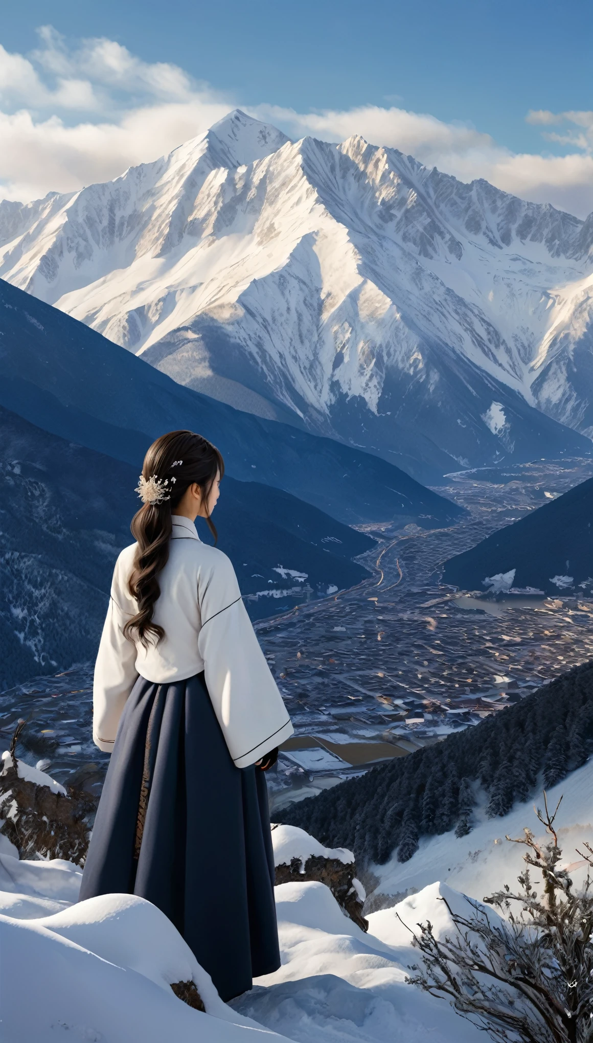 ((masterpiece)),Highest quality, figure, dark, One girl, In the wilderness,A tall mountain,Snow-capped mountains visible in the distance々, city, Beautiful attention to detail, Beautiful detailed hair,