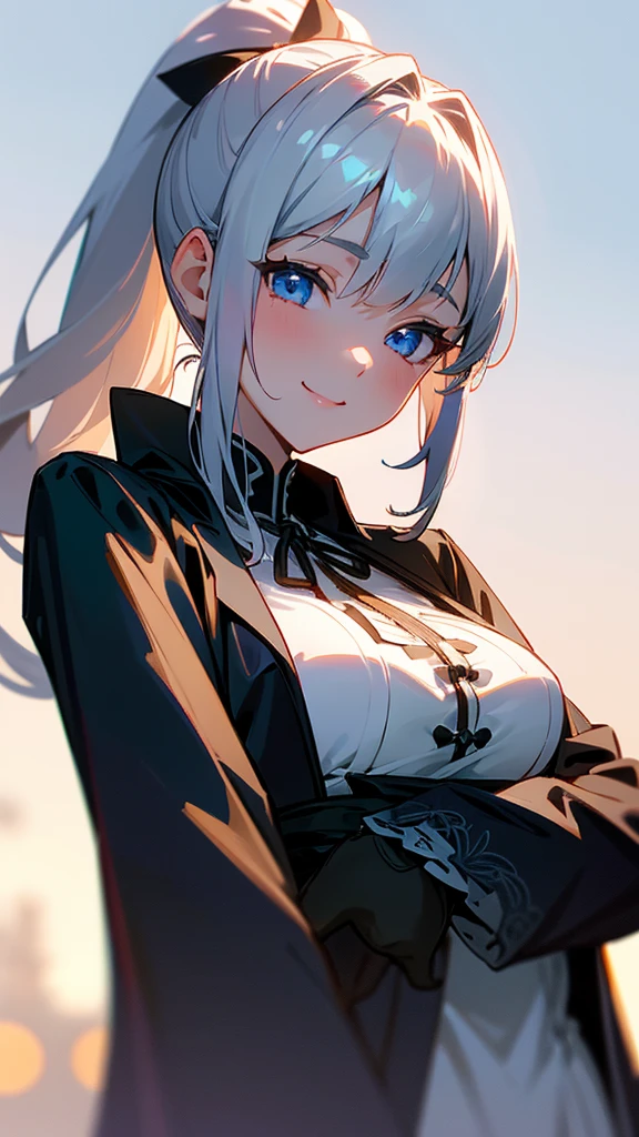 1 Girl、8K、Sharp focus、(Bokeh) (Highest quality) (Detailed skin:1.3) (Intricate details) (anime)、Big Breasts、Silver Hair、ponytail、blue eyes、Black coat、White shirt、Upper body close-up、small yellow ribbon around the neck、smile、smile、Park in the background、sunset、Soft lighting.