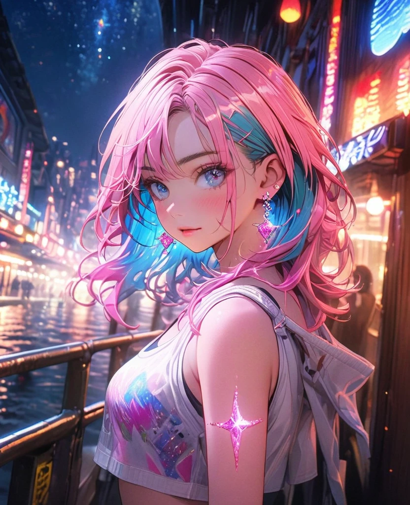 8K,gal,Beautiful and realistic skin,Sparkling jewel earrings,Pink glowing tattoo,Long and colorful hair,blue eyes,Tank top,hot pants,whole body,Night view,Sparkling scenery