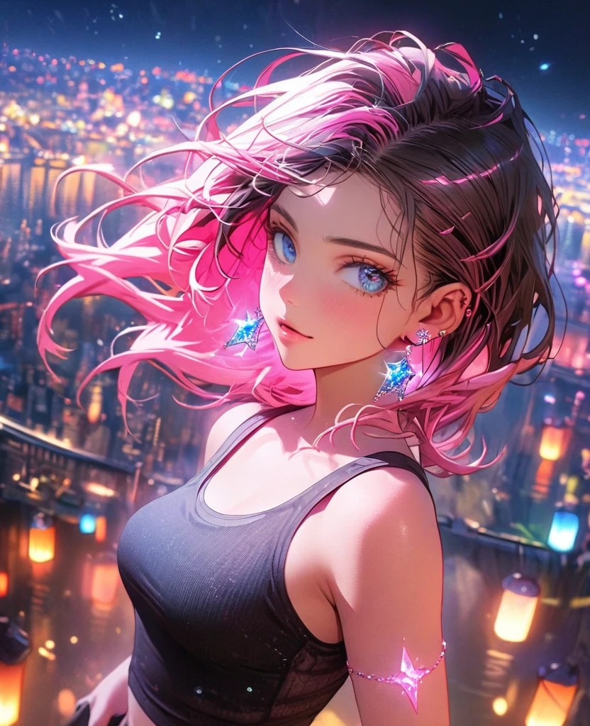 8K,gal，Beautiful and realistic skin,Sparkling jewel earrings，Pink glowing tattoo,Long and colorful hair,blue eyes,Tank top,hot pants,whole body,Night view,Sparkling scenery