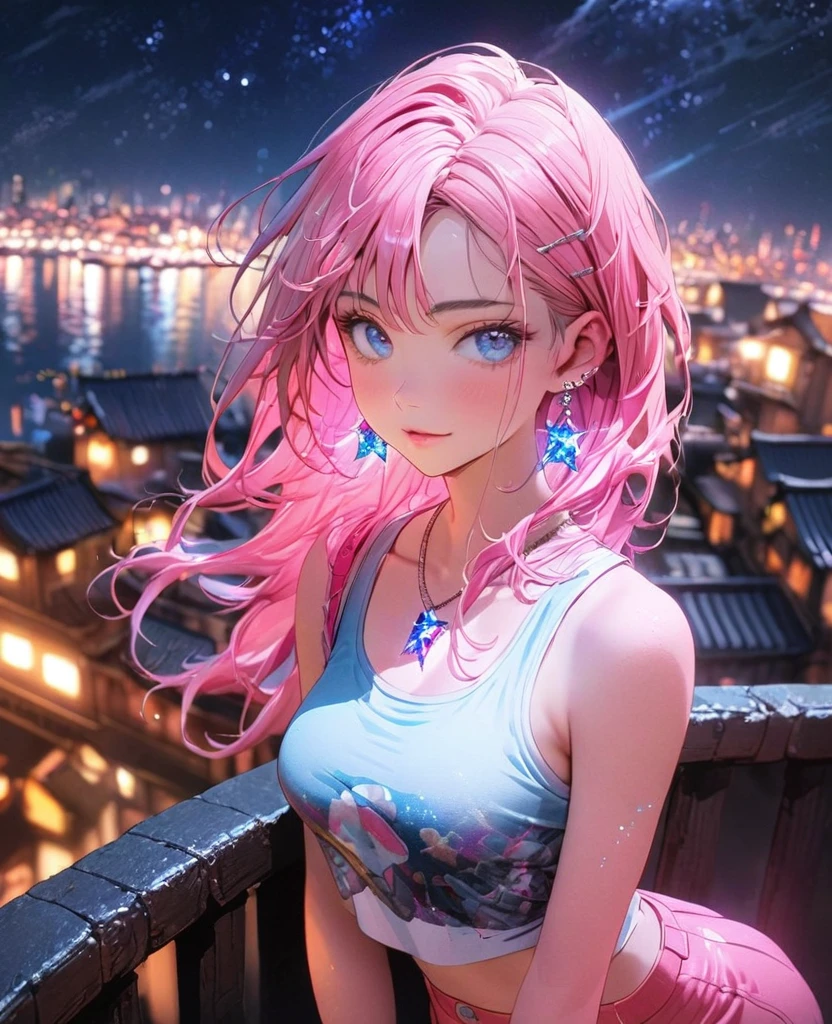 8K,gal,Beautiful and realistic skin,Sparkling jewel earrings,Pink glowing tattoo,Long and colorful hair,blue eyes,Tank top,hot pants,whole body,Night view,Sparkling scenery