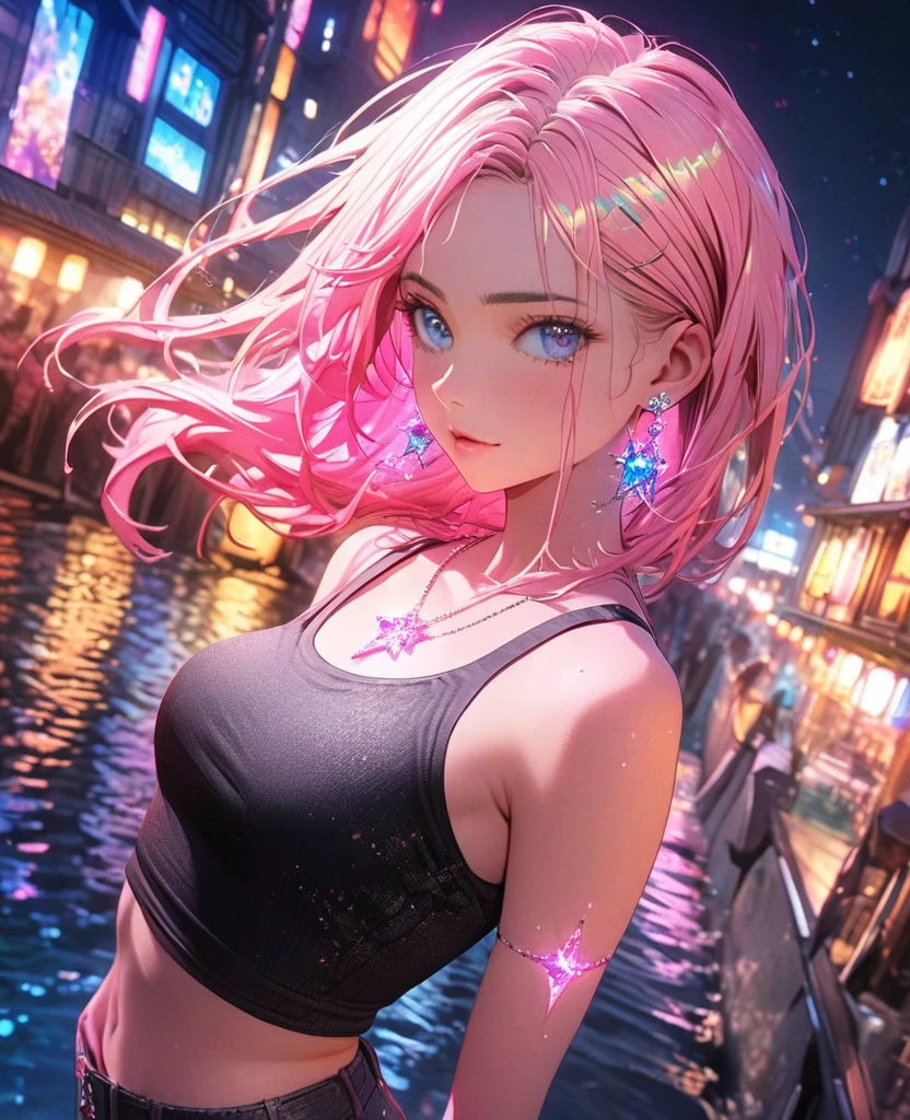 8K,gal，Beautiful and realistic skin,Sparkling jewel earrings，Pink glowing tattoo,Long and colorful hair,blue eyes,Tank top,hot pants,whole body,Night view,Sparkling scenery