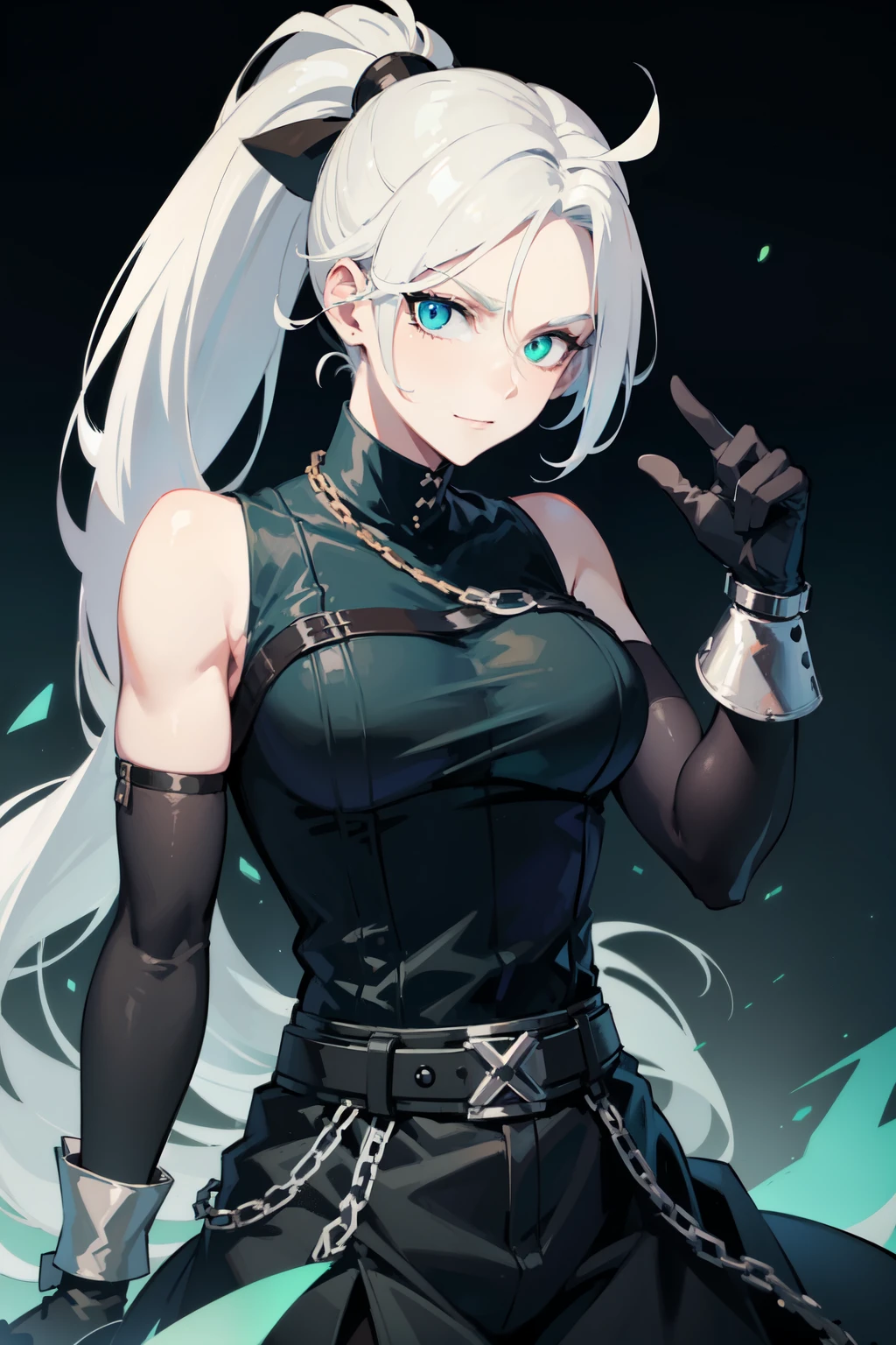(masterpiece, best quality:1.2), green glowing eyes, danny phantom, white hair, perfect face, highres, 1 girl, solo, ultra long ponytail, (female:1.5), ,sleeveless turtleneck, suspenders, belt, gloves, bracer, evil smile, standing, portrait, looking at viewer, giant chains whip, chains adornment, dancing around chains