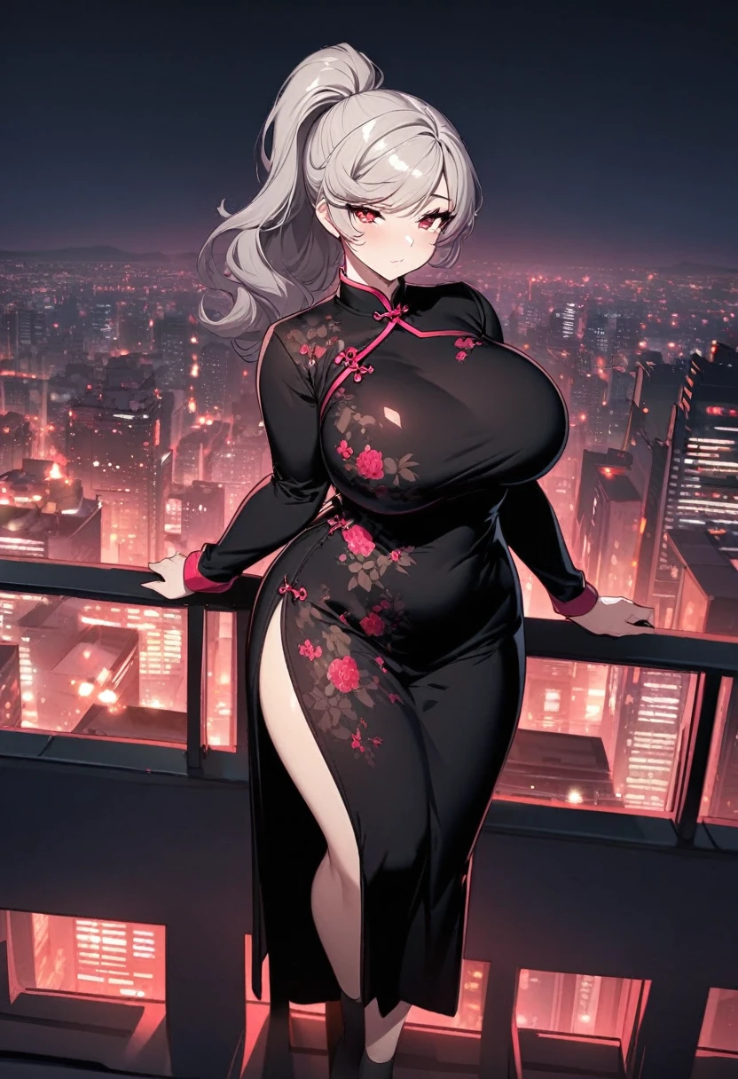 cheered up, (artwork, Best Quality, ultra detailed, High contrast), 1 woman (alone, whole body, plus size body, standing on the edge of the skyscraper, silver hair, LONG in a ponytail, Red eyes, perfect eyes sparkles of ruby, (simple black qipao, black cyber with neon pink), transparent black socks), (skyscraper roof, overlooking a city, detailed background ((evening, darkness, low light pollution)))