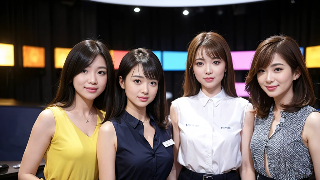 ((super high quality、High resolution、masterpiece、 Anatomically correct、Super detailed photos、Ultra-realistic photos、 Highest quality))、(3girls)、looking at viewer、studio lighting、(portrait))、(from front:1.2)、(big breast)、Small waist、Detailed face、Perfect figure、Three girls holding each other close、 ((Female announcer:1.2))、Television studio broadcasting the news、Cleavage、((news caster))、((sleeveless business shirt))、