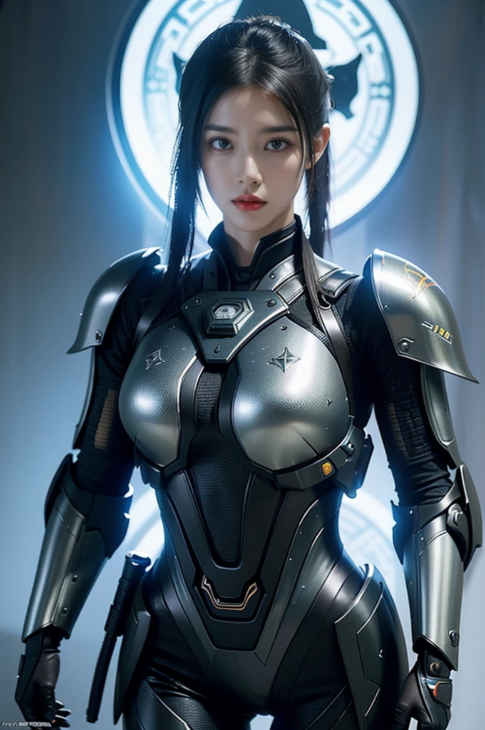 Game Art,Best image quality,Maximum resolution,8K,((A bust photo)),((portrait)),(Rule of Thirds),Unreal Engine 5 rendering works, (Future girl),(Female Warrior), 22-year-old young hacker),(Oriental hairstyle),(Beautiful eyes full of details),(Large Breasts),(Eyeshadow),Elegant and charming,indifferent,((frown)),(Combat suit full of futuristic technology,This costume combines futuristic power armor and,Clothing is decorated with glittering patterns and emblems),Cyberpunk Characters,in the style of futuristic, lamp,Ray Tracing,Game CG,((3D Unreal Engine)),OC rendering reflection mode
