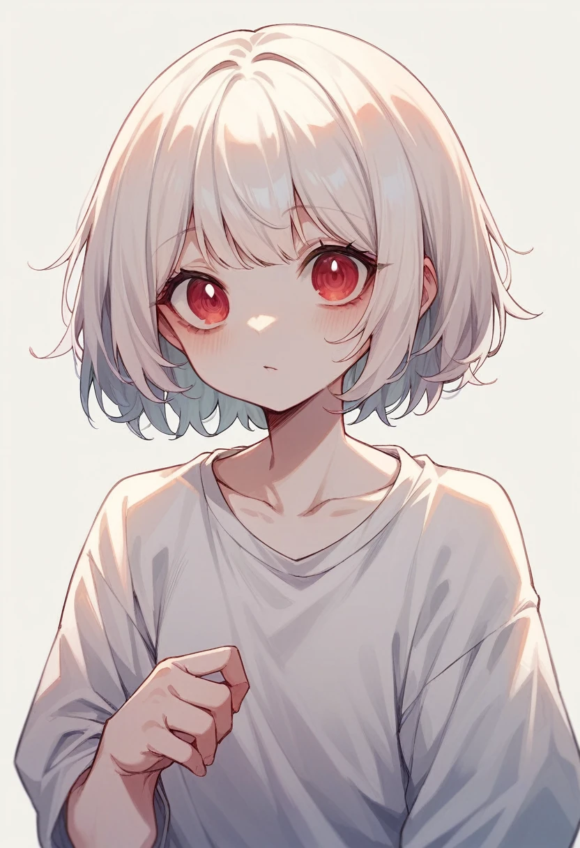 albino、Hair or white、The skin is also white、Pink and red heterochromatic eyes、Bob Hair、cute