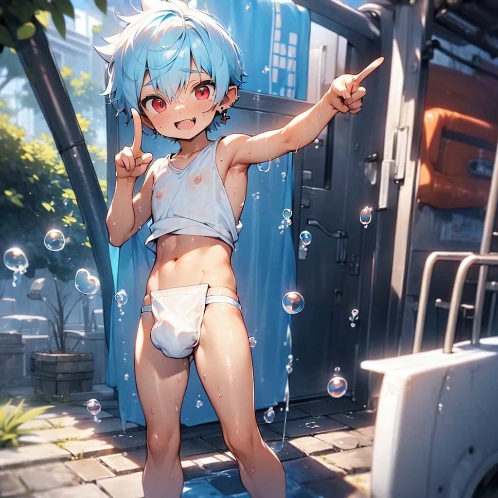 (solo:2), (boldline:-1.7), (peace sign:1.75), (arched back:1.2), ((bubble)), (spread legs:1.3), (standing:1.5), (((fang))), (((best finger))), BREAK (best quality:1.5), (absolutely resolution:1.5), (ultra detailed:1.5), (masterpiece:1.5), (perfect face), (detailed face), (detailed eyes), (best eyes), (cute face), (shota:2.1), BREAK (white tank top:1.5), BREAK (white loincloth:1.5), (see throgh wet clothes:1.4), (bulge:1.6), (skinny:1.3), (spiked hair), BREAK (light blue hair:1.5), (wine red eyes:1.4), (eyes with highlight:1.6), ((mole under eye)), (sweaty skin), (chuckling:1.5), ((earrings)), (shiny skin:1.3), BREAK (nature), (river), (forest), (sunlight), ((wind blowing)), ((nipple)), (abs), groin, water splashing,