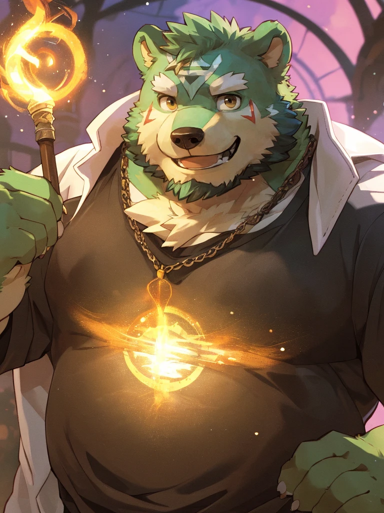 anthro, kemono, male, solo, ((round face, very plump face, thick beard)), (((dark beard))), ((endomorph body type, old-aged)), ((green bear, bear) fluffy fur, fluffy), (at old ruin, dungeons), bokeh, (high quality, highres, masterpiece), (dynamic lighting, vivid color), (generous smile), (face focus), front view (close up), cartoon, (((green bear))), (((green fur))), green hair, beard, white eyebrows, bald, detailed red eyes, tall, mage staff, magic, (black t-shirt inside), (((white unhooded trench coat ))), by zixiong, by takemoto arashi, by zixiong, (by null-ghost:0.8), (by t.y.stars:0.4), (((yellow thunder mark on forehead)))