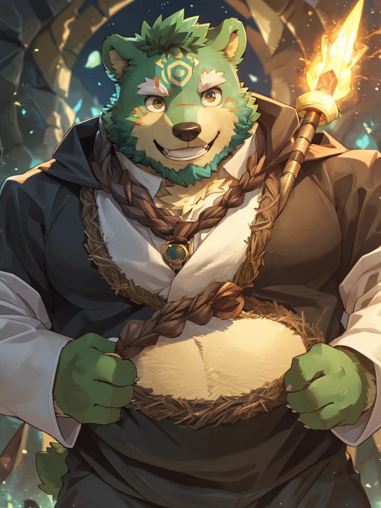 anthro, kemono, male, solo, ((round face, very plump face, thick beard)), (((dark beard))), ((endomorph body type, old-aged)), ((green bear, bear) fluffy fur, fluffy), (at old ruin, dungeons), bokeh, (high quality, highres, masterpiece), (dynamic lighting, vivid color), (generous smile), (face focus), front view (close up), cartoon, (((green bear))), (((green fur))), green hair, beard, white eyebrows, bald, detailed red eyes, tall, mage staff, magic, (black t-shirt inside), (((white unhooded trench coat ))), by zixiong, by takemoto arashi, by zixiong, (by null-ghost:0.8), (by t.y.stars:0.4), (((yellow thunder mark on forehead)))