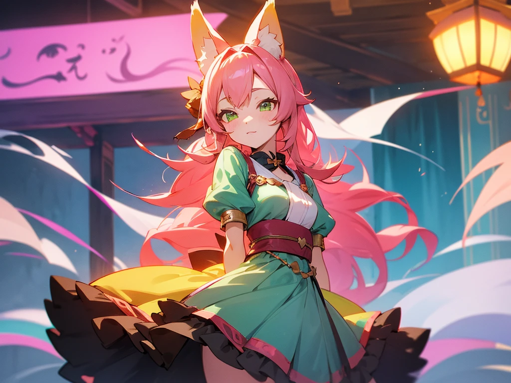 kitsune idol in a tavern, foxgirl, fox ears, fox tails, pink hair, green eyes, light blue idol dress, tavern background, high quality, masterpiece