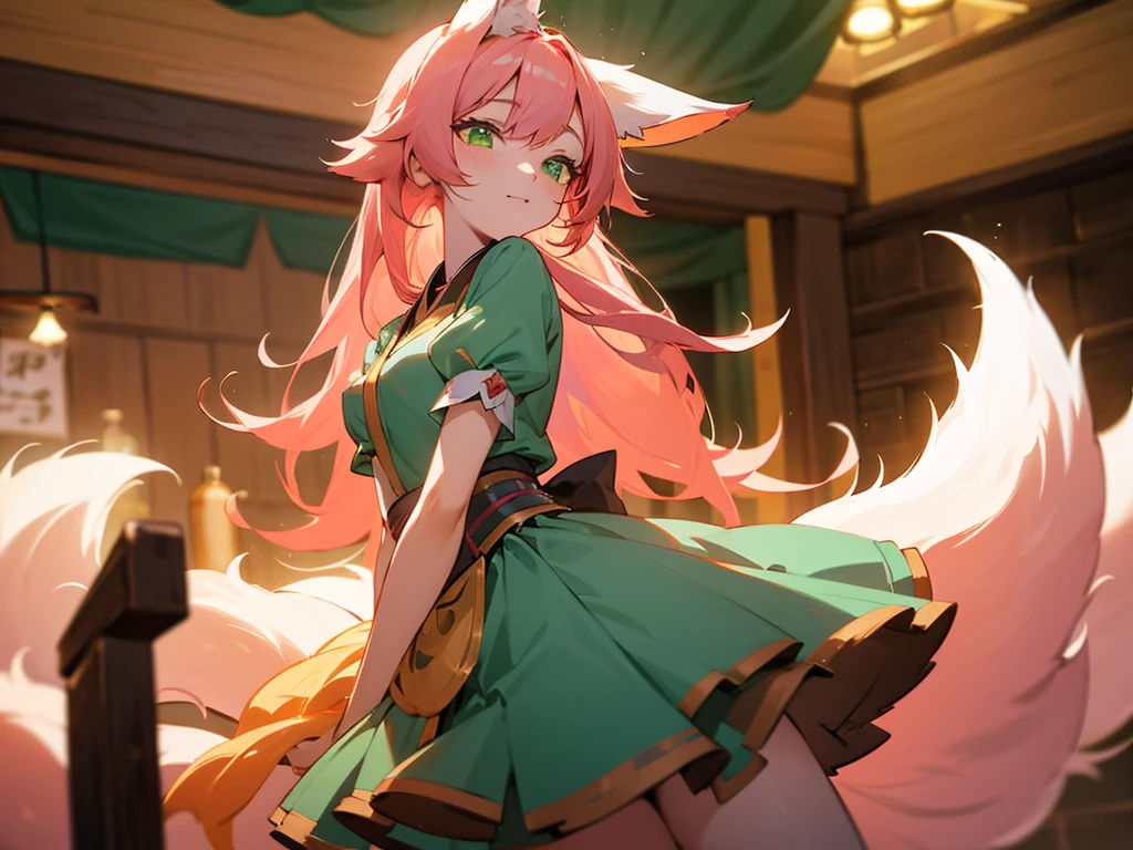 kitsune idol in a tavern, foxgirl, fox ears, fox tails, pink hair, green eyes, light blue idol dress, tavern background, high quality, masterpiece