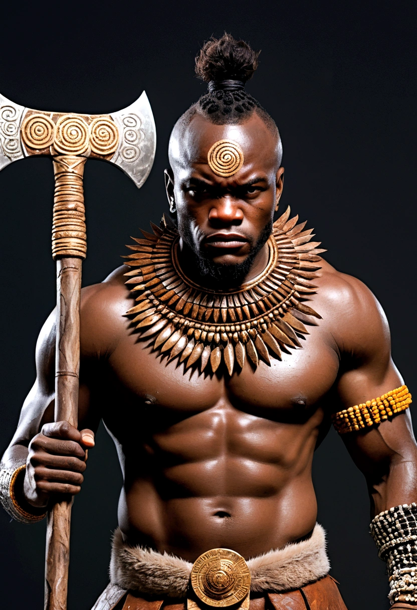 ((Intricate details))), (((highest quality))), (((extreme attention to detail))), (((complex composition))). African god, king of fire warriors, holds a double-bladed ax in his hands. Flames around his body emulate the mysterious atmosphere of cinematic light.