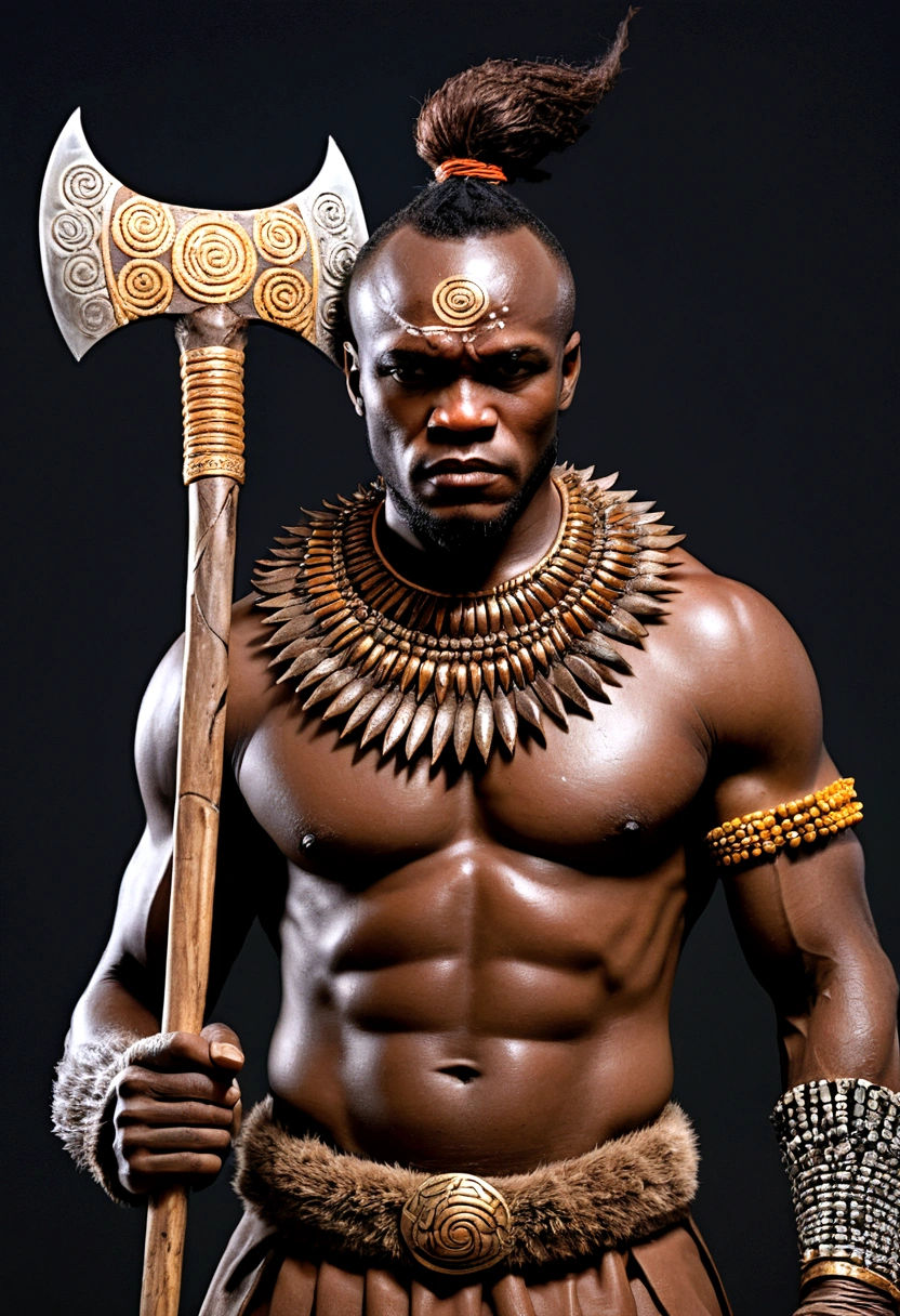 ((Intricate details))), (((highest quality))), (((extreme attention to detail))), (((complex composition))). African god, king of fire warriors, holds a double-bladed ax in his hands. Flames around his body emulate the mysterious atmosphere of cinematic light.