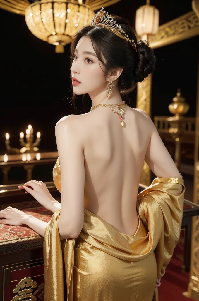 (((best quality))),(((ultra detailed))),(((masterpiece))),illustration,1 girl,solo,slim,thin,shoulder length straight bob hair,earrings,necklace,Asian appearance,princess,royal,Chinese palace,night scene,magnificent dragon gown,golden crown,intricate embroidery,luxurious fabric,precious stones,metallic throne,decorative patterns,rich decorations,luxurious furnishings,regal charm,beautiful face,gentle smile,bright eyes,historical,traditional,city lights,modernity,frozen moment,beauty of the past,evolution of time,from back,upper body,standing,((bare back,towering hips,butt crack))