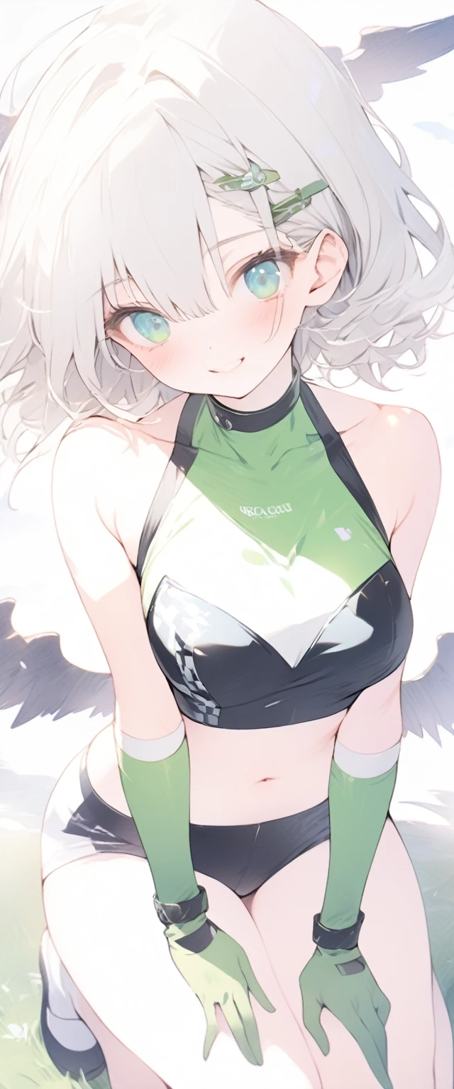 beautiful, masterpiece, Highest quality, anime, One girl, C Cup,Portrait Shot, View your viewers, Covered、Short Hair、nearby、green目、art、、White hair,Blue streaked hair、wallpaper、hairpin、Cute smile、Thighs、 green空、green_Leather Race Queen、green_Leather Gloves、Kneeling、grass、navel、peace sign、grass