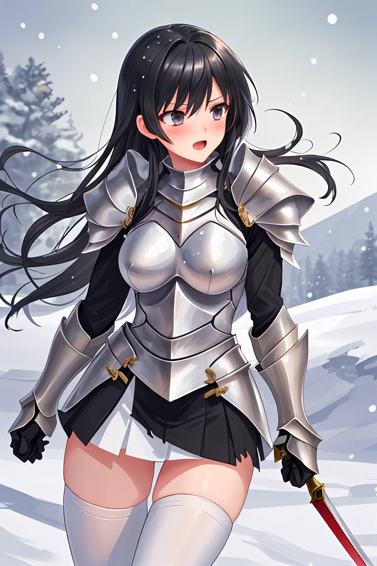 female knight Golden Armor silver sword Black Hair Beautiful breasts Shortcuts Torn white miniskirt Torn white tights battlefield snow Rin々A funny expression