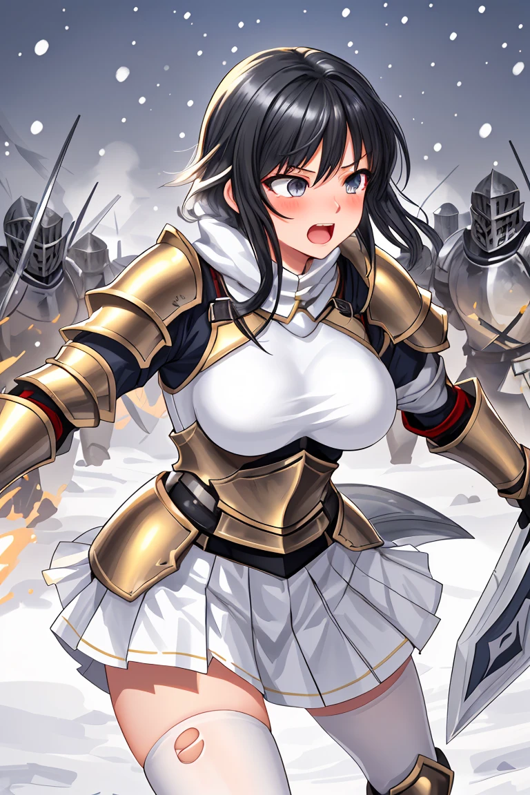 female knight Golden Armor silver sword Black Hair Beautiful breasts Shortcuts Torn white miniskirt Torn white tights battlefield snow Rin々A funny expression