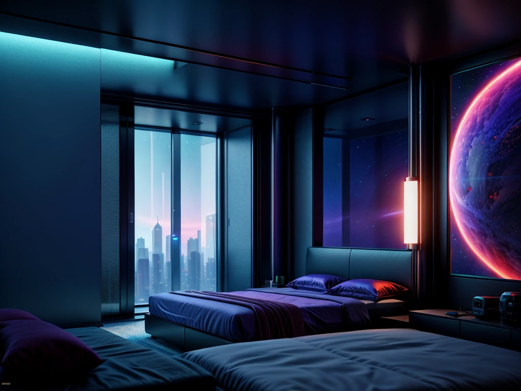 fantastic room, (hi-tech luxury bedroom)++, indoors, sci-fi, futuristic, large window, deep space in the window, automatic machines, 3d, vivid colors, beautiful, masterpiece, highest quality, intricate details, 16k, hard shadows, volumetric lighting, sharp focus, ultra detailed, 32k+, depth of field, unreal engine, octane render, vibrant, insanely detailed, blender, absurdres, atmospheric, expressive, screen space refractions, Perfectly composed, Volumetric Lighting, vaporwave, science fiction aesthetic, futuristic_interior 