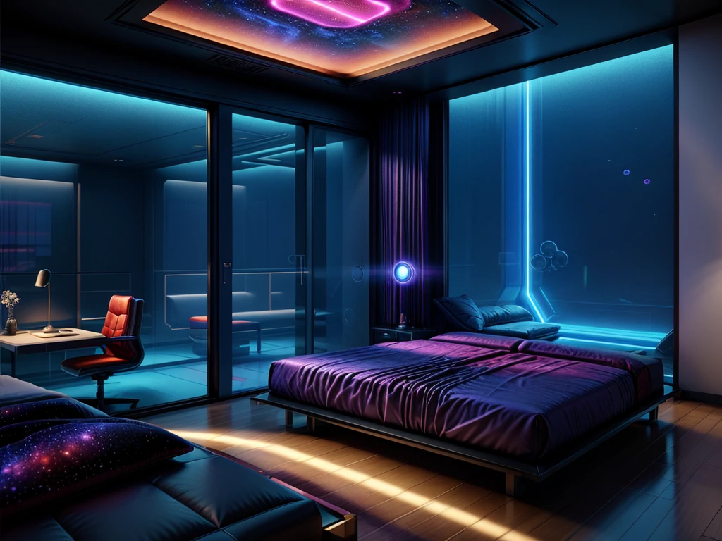 fantastic room, (hi-tech luxury bedroom)++, indoors, sci-fi, futuristic, large window, deep space in the window, automatic machines, 3d, vivid colors, beautiful, masterpiece, highest quality, intricate details, 16k, hard shadows, volumetric lighting, sharp focus, ultra detailed, 32k+, depth of field, unreal engine, octane render, vibrant, insanely detailed, blender, absurdres, atmospheric, expressive, screen space refractions, Perfectly composed, Volumetric Lighting, vaporwave, science fiction aesthetic, futuristic_interior 