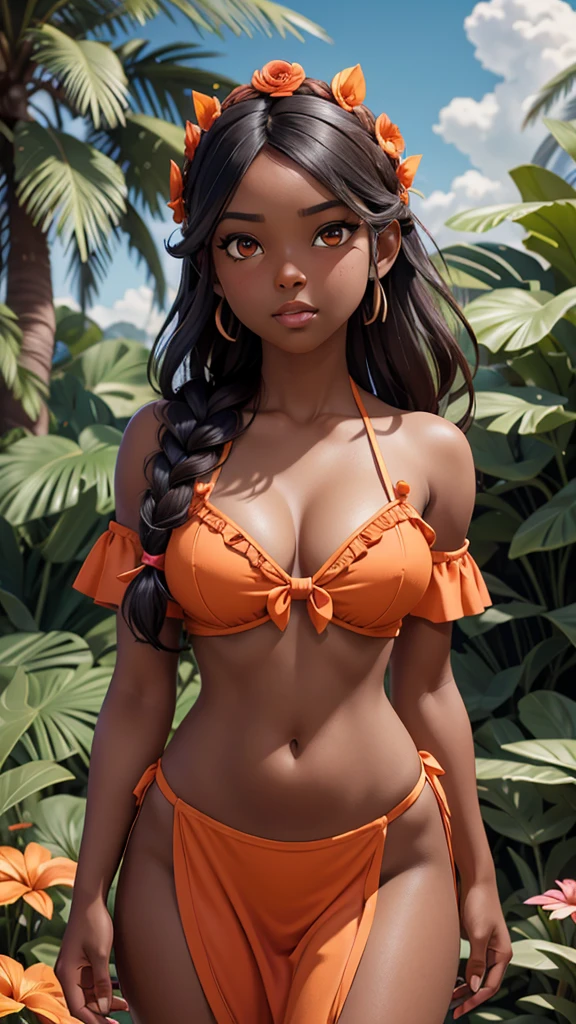 unreal engine:1.4,UHD,The best quality:1.4, photorealistic:1.4, skin texture:1.4, Masterpiece:1.8,beautiful dark skin african woman, animal fluff, fringe, bare shoulders, flat belly , black hair,black skin, blue sky, bow, braid, building, clavicle, crown braid, dark skin, separate sleeves, face viewer, flower, ruffled sleeves, steering wheels, gradient eyes, hair behind ear,orange lingerie ,hair bow, head bowing, move, light blush, long hair, looking at the viewer, multicolored eyes, nature, belly button, orange bow, move de palma, palm, parted lips, pink eyes, plant, portrait, Red flower, shirt, single braid, sky, only, sunlight, tan, teeth, tree, tropical, Upper part of the body, teeth superiores, water (Estilo Elden Ring:1.3), (Warhammer style:1.1), Conceptual artist, global ilumination, depth of field, splash art, Art by Artgerm and Greg Rutkowski and Viktoria Gavrilenko,