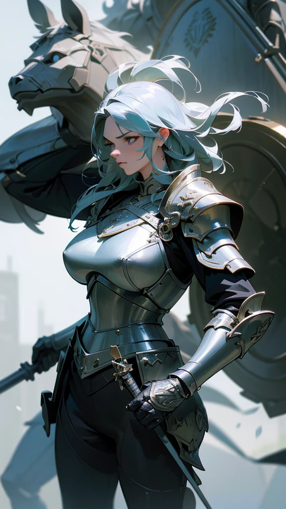 a beautiful woman with the lower body of a horse, wearing metal armor, holding a shield and mace, various sculptures carved into the equipment, dynamic and stylish design, (best quality,4k,8k,highres,masterpiece:1.2),ultra-detailed,(realistic,photorealistic,photo-realistic:1.37),1girl,detailed metal armor,intricate sculptures on armor,shield and mace,dynamic pose,powerful,heroic,fantasy,dark color palette,dramatic lighting,cinematic