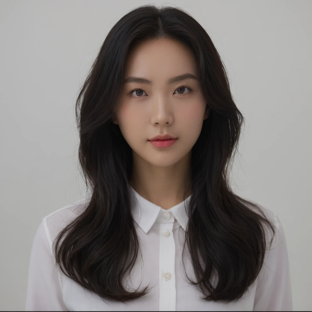 Best Quality, 8k, Masterpiece, (Portrait: 1.3), (photo realistic:1.4), (hyper realistic:1.4), Sharp Focus, looking at viewer, (smoother lighting:1.1), (increase cinematic lighting quality:0.9), realistic lighting, backlighting, light on face, ray trace, (brightening light:1.2), (Increase quality:1.4), sharp detail, (best quality real texture skin:1.4), finely detailed eyes, black_eyes, finely detailed face, 25 year old Korean woman, (white formal_shirt:1.4), (Create an image maintaining the original base model hairstyle:1.5)