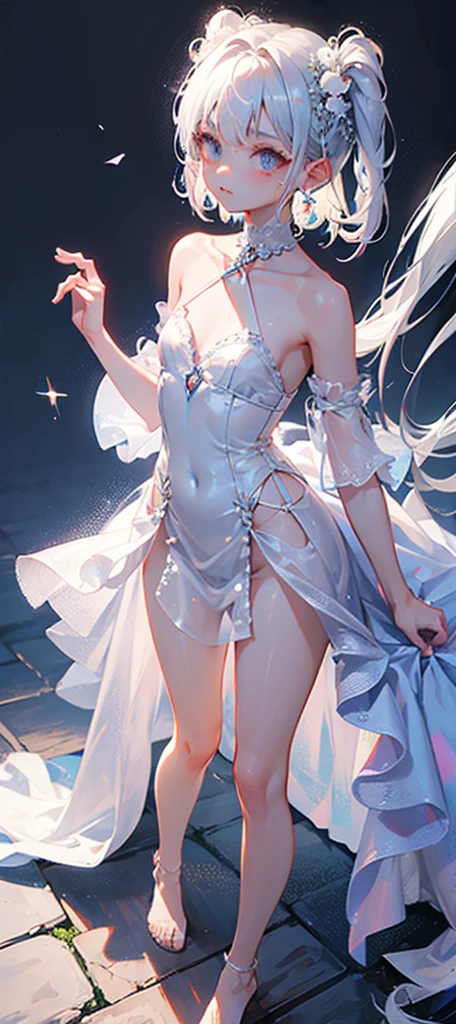 A girl、symmetry,Daughter,whole body 女恋,Put your hands together and bloom,(Very detailed:1.mall :1.2))、The eyes are well drawn、Charming eyes、Double tail、Wear jewelry and pearls around your neck,Transparent openwork、Deep V、Crystal Pearls、在Wear jewelry and pearls around your neck,white hair, show your thighs, Bare shoulders, Show Clavicle, Yao Liu, barefoot,((whole body))、painful posture