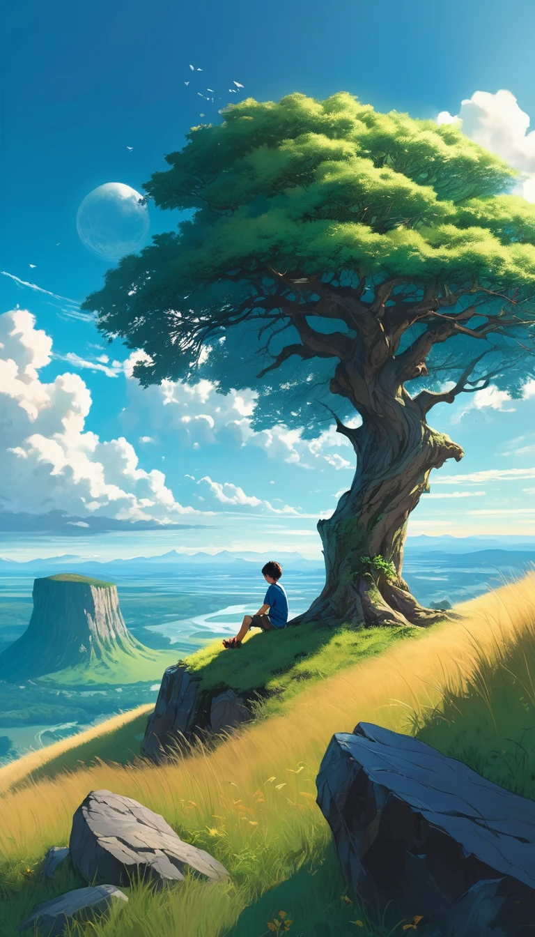 a boy sitting under a tree near a cliff in a meadow , seeing a vast blue sky with fluffy clouds and brush strokes , tall grasses stones, , makoto shinkai cyril rolando, anime art wallpaper 4k, anime art wallpaper 4k, animated background, anime art wallpaper 8K, animated background art, Anime Landscape Wallpaper, amazing wallpaper, HD wallpaper, 4k anime wallpaper, 4k anime wallpaper, Aries Moross art,art by Bob Byerley , AshleyWoodArtAI, greg rutkowski