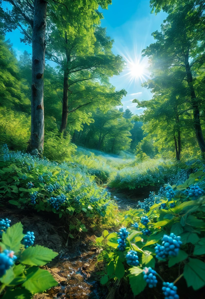 (8k digital nature photography:1.2),
(a summer landscape:1.1) with trees in the distance,
glowing blue clear berries
faetastic