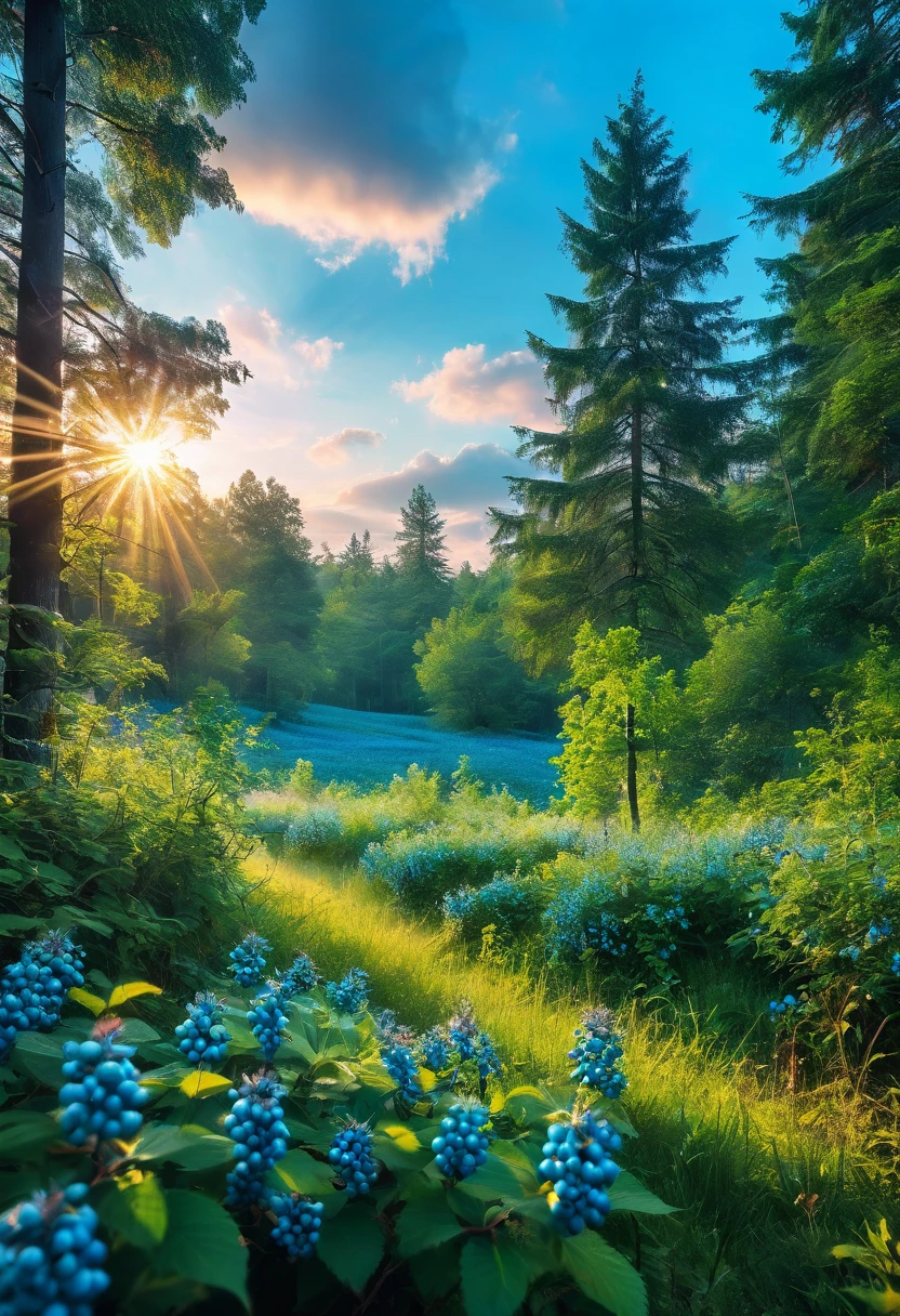 (8k digital nature photography:1.2),
(a summer landscape:1.1) with trees in the distance,
glowing blue clear berries 
faetastic