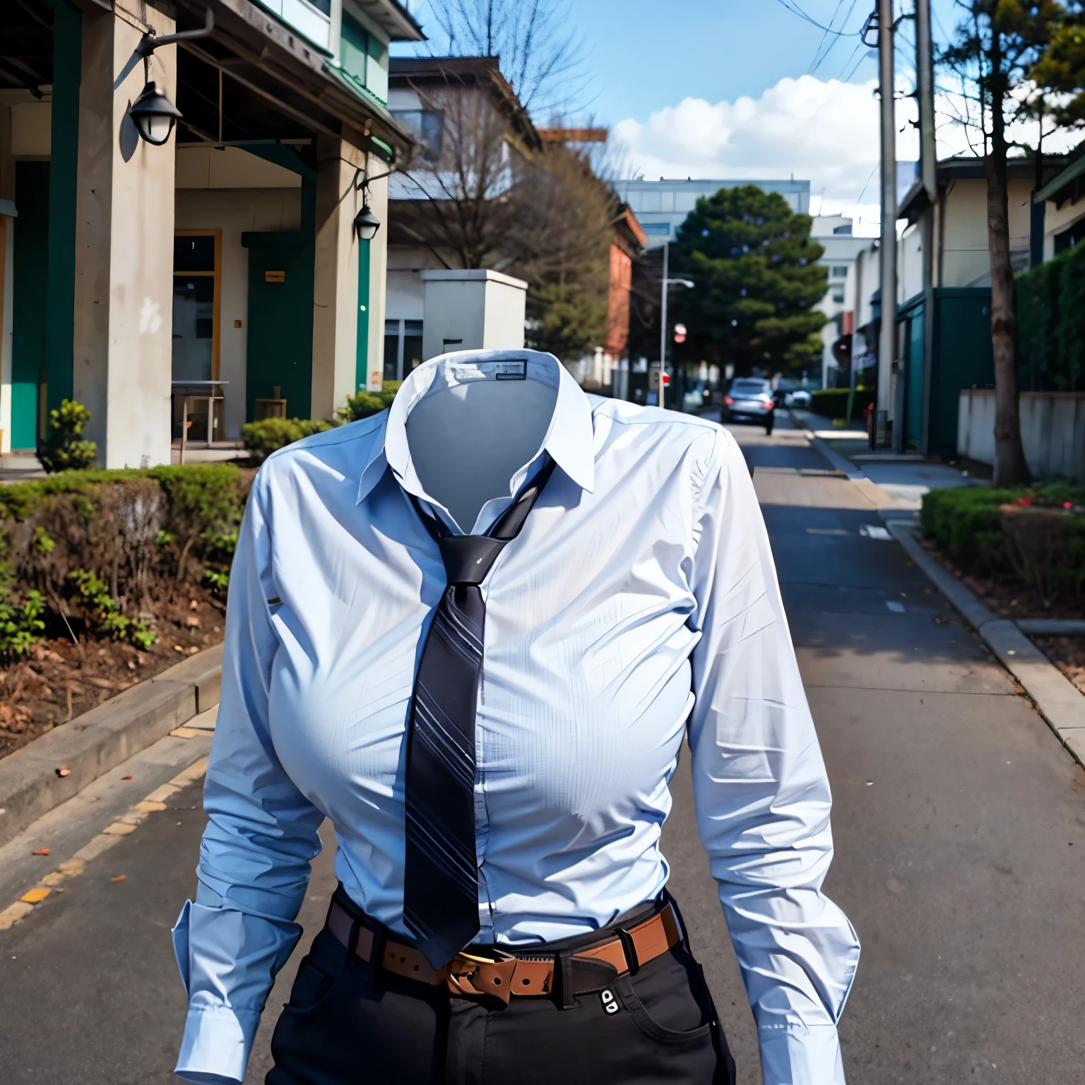 leaning forward, (from back), school blouse, belt, black pants, stripe tie, fat, cute big breasts, (invisible, no human, headless, handless:1.5)