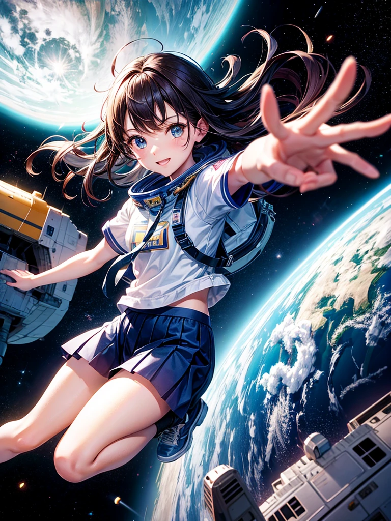 Highest quality,Highest Resolution,High school girl flying in space,Earth in the background,Spaceship,